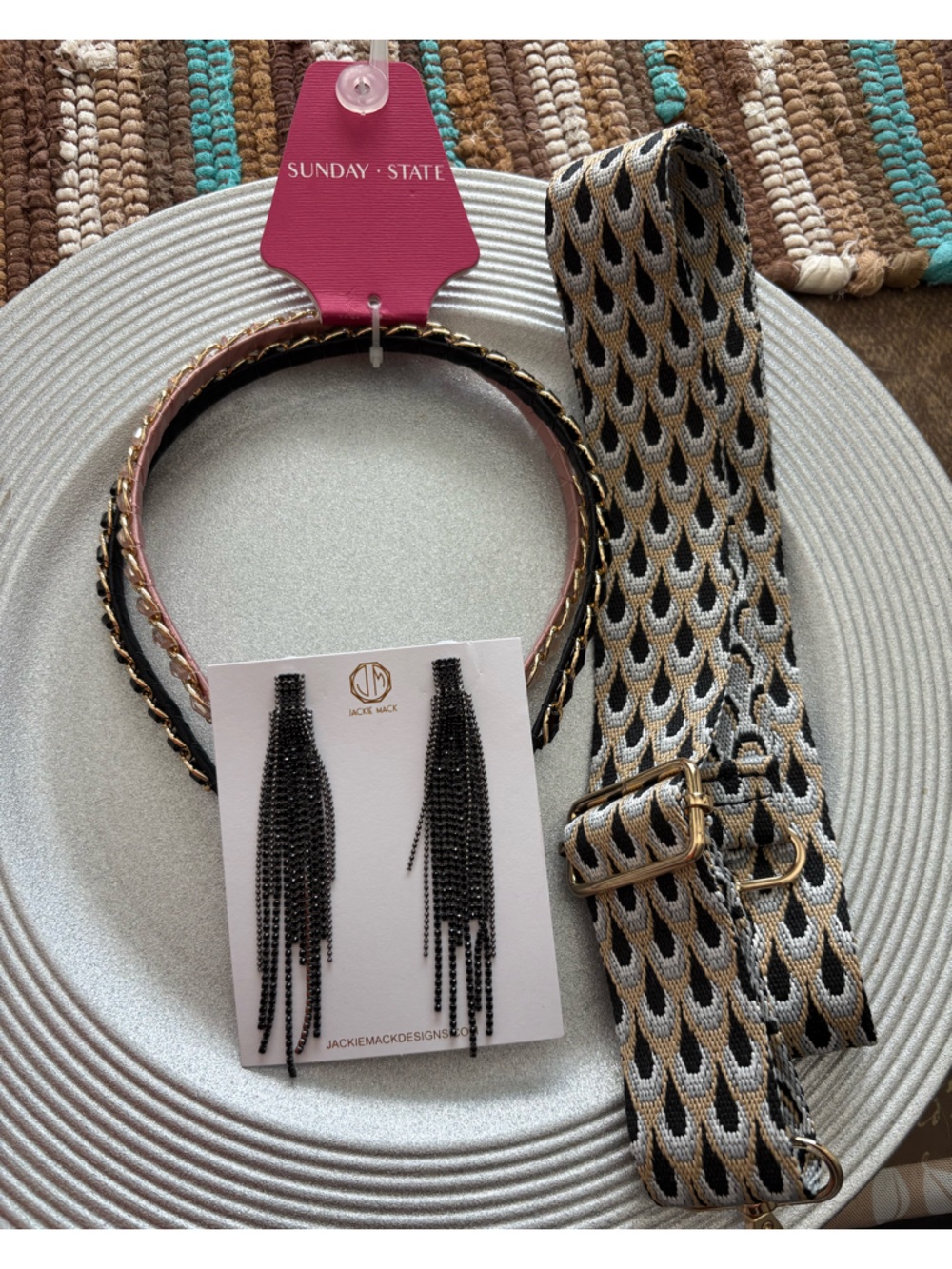 Women's Black and Gold Chain-Trim Headband earrings and guitar strap bundle-